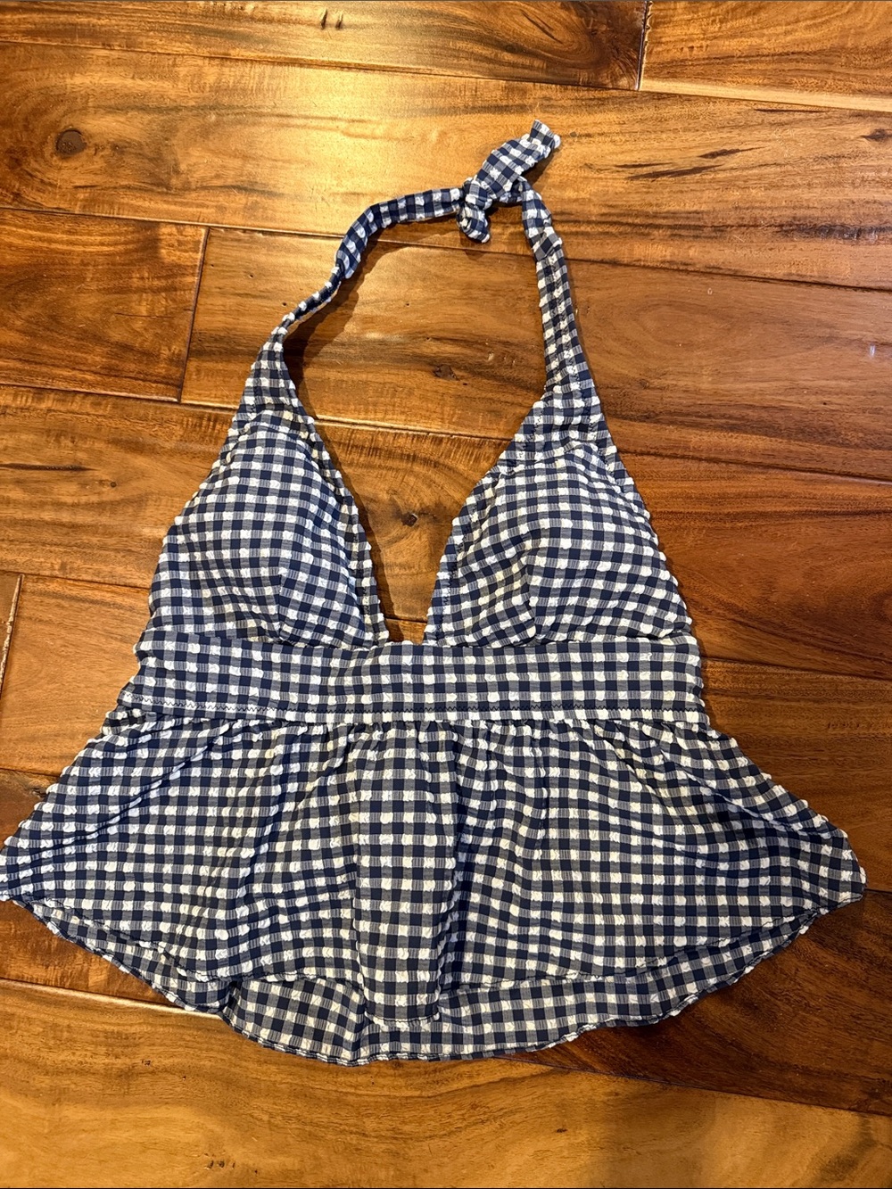 J. Crew Blue and White Gingham Halter Bikini Top, sz small, EUC